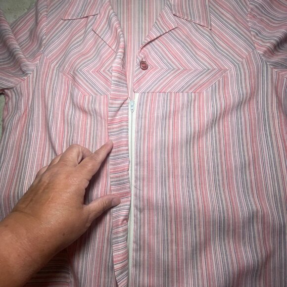 Vintage Striped Shirt Dress 12 1/2 Short Sleeve Pink Blue USA Made Modest - Picture 8 of 9
